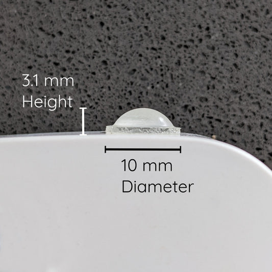 Measurements (10 mm x 3.1 mm) of the clear domed bumper.