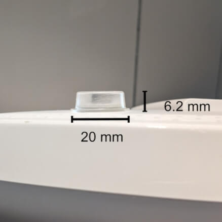Measurements (20 mm x 6.2 mm) of the flat topped bumper feet.