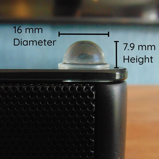 Measurements ( 16 mm x 7.9 mm) of the domed bumper feet.