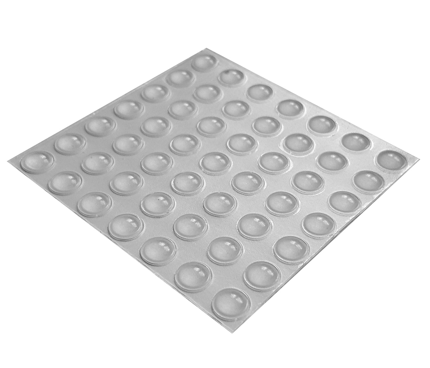 An adhesive backed sheet of 49 clear domed bumper feet.