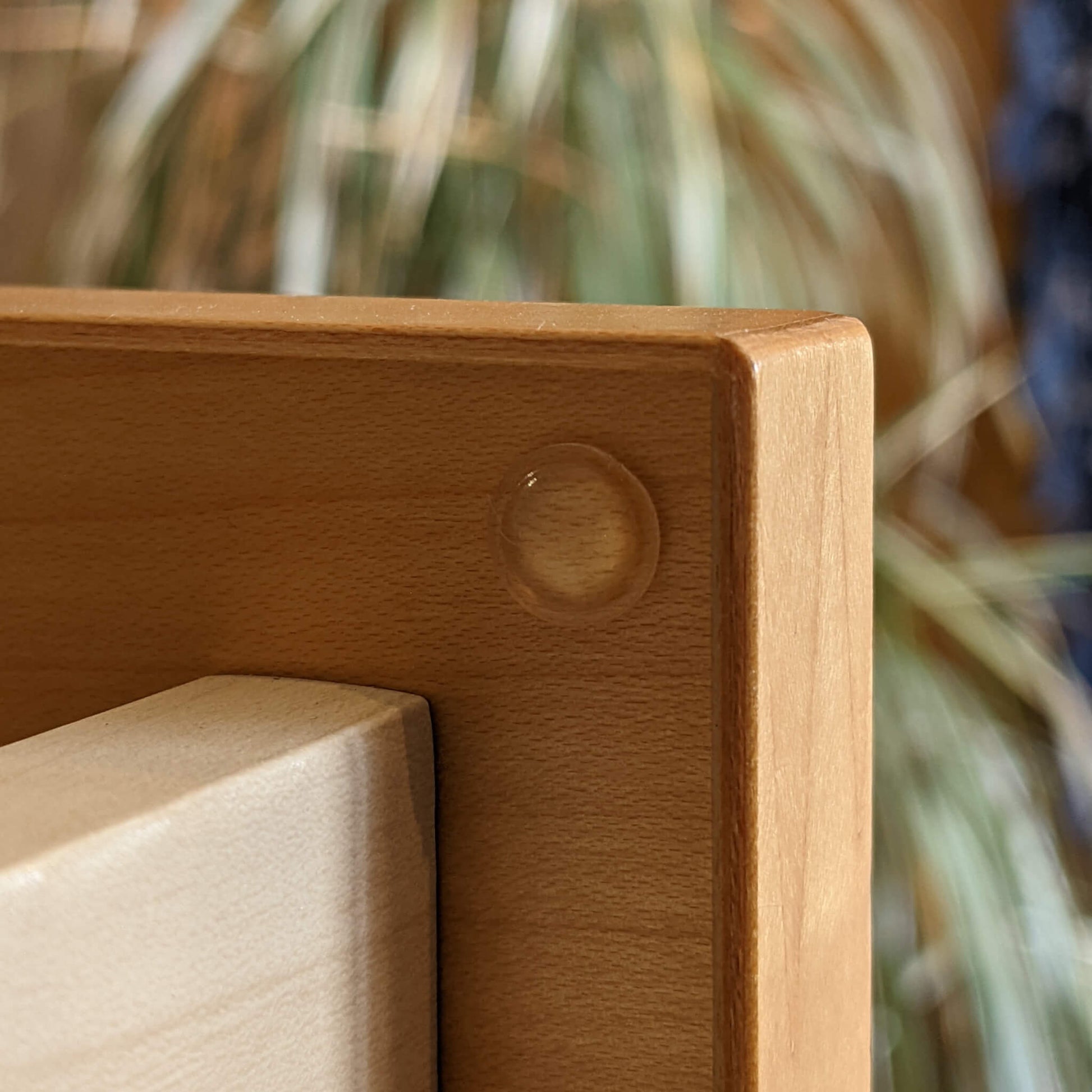 A domed bumper, applied to the inside of a drawer to prevent noise when the drawer is being closed.