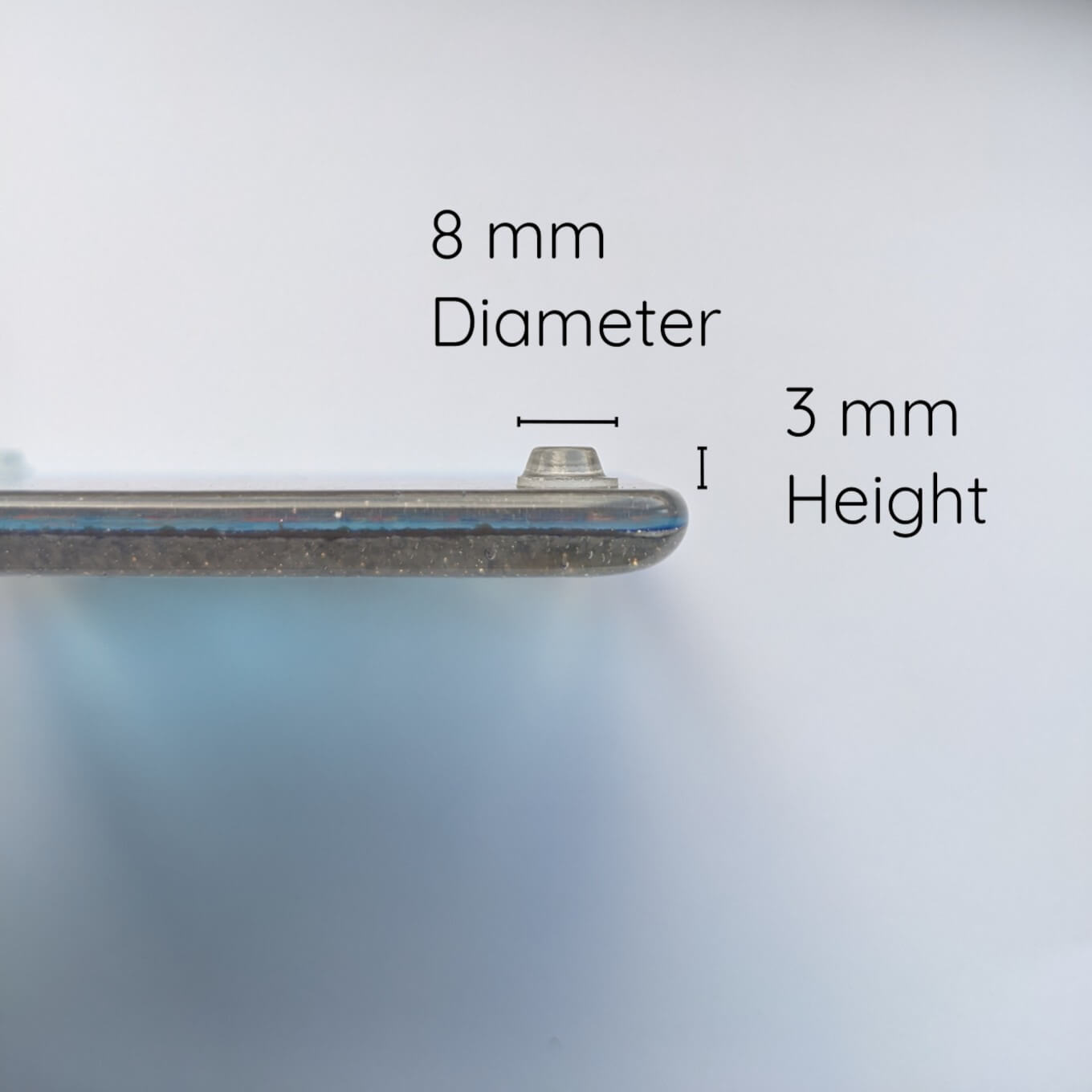 Measurements (8 mm x 3 mm) of the mini flat topped bumper feet.